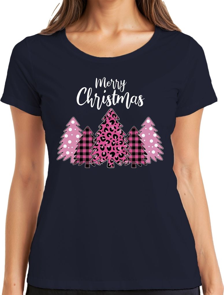 Merry Christmas Weihnachtsbaum Kariert Pink - Weihnachten Weihnachtsgeschenk Christmas Damen T-Shirt, Navy, S