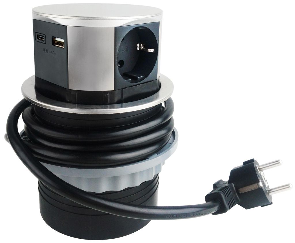 ChiliTec 23917 Schreibtisch-Einbausteckdose 3x +USB A+C versenkbar, Edelstahl-Ausführung, rund