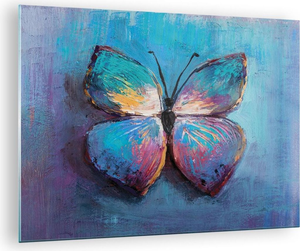 Bilder auf glas - Einteilig - Handschriftlich Schmetterling Blau - 70x50cm - Glasbilder - Wandbilder - Bilder - Wanddekoration aus Glas - Glas Bild...