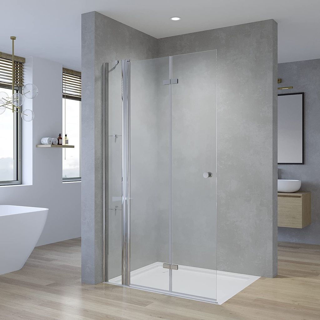 Duschabtrennung faltbar Dusche 85 90 95 105 115 135 cm Walkin Duschwand Glas rahmenlos Falttür Drehfalttür mit Festteil und Eckregalen Begehbare ...