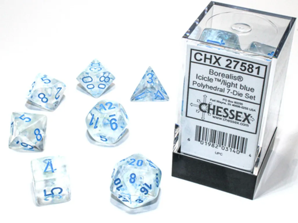 Set de 7 dés polyédriques Chessex Borealis bleu clair pour jeux de rôle
