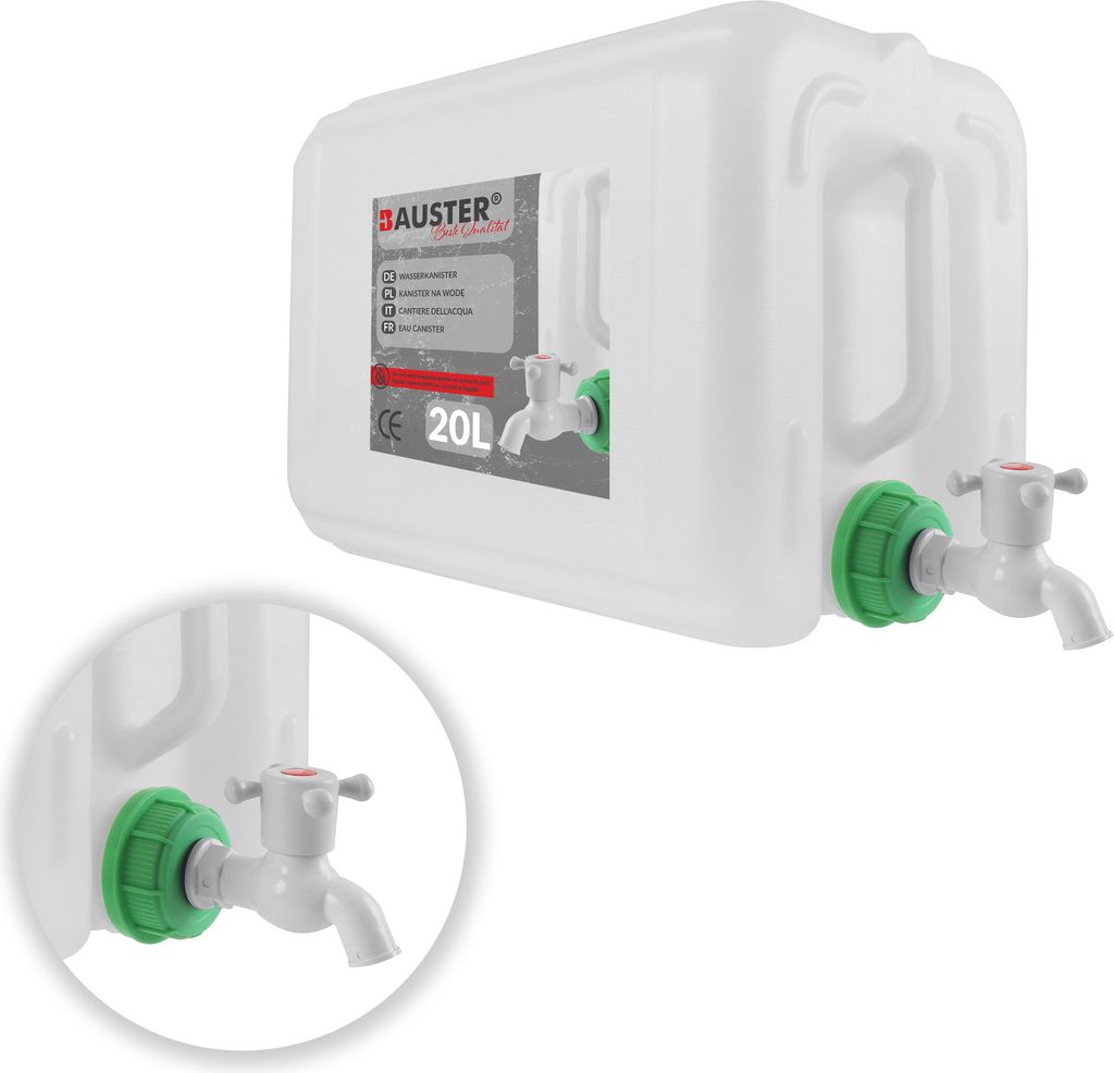 BAUSTER Wasserkanister 20L mit Hahn Kunststoffwasserkanister, Trinkwasserkanister, Handwaschwasser, Wasserkanister mit Hahn für Camping, horizontal