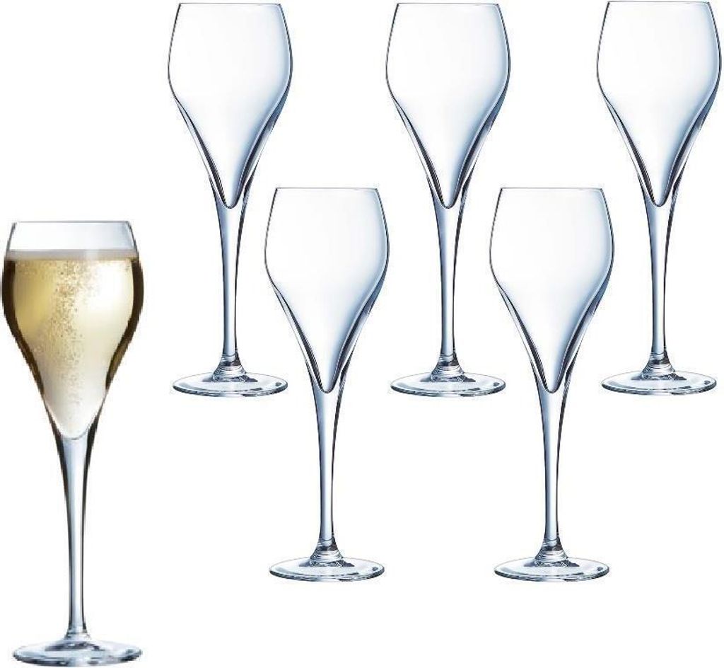 A set of champagne flutes, with one flute filled with champagne.