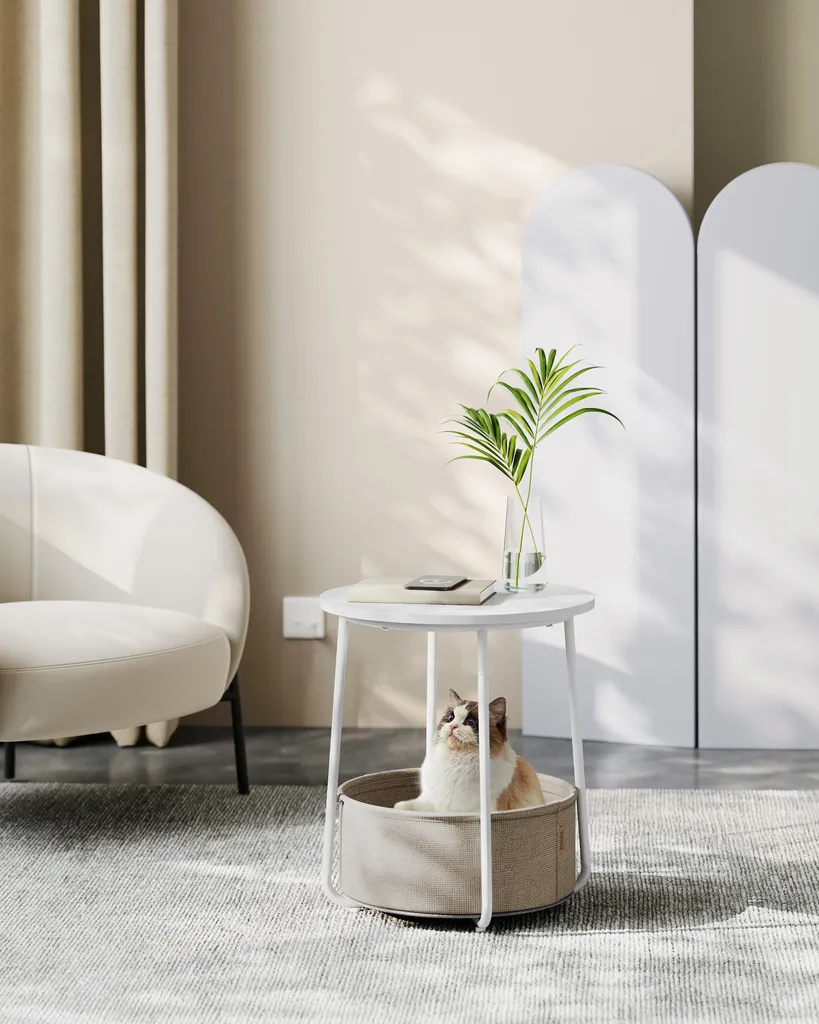 VASAGLE Table d'appoint ronde avec panier Ø45 cm blanc et beige LET530W01