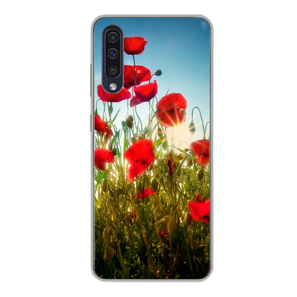 MuchoWow Handyhülle Schutzhülle Hülle für Samsung Galaxy A50 Mohnblumen - Toskana - Sonne - Rot - Blau Silikon Softcase Handy Hülle - Mobilt...