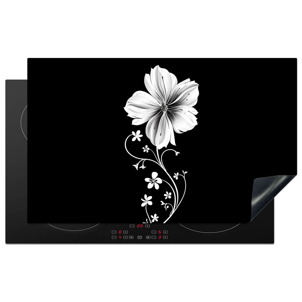 KitchenYeah Herdabdeckplatte Blume - Schwarz - Weiß , 85x52cm, Küche Deko, Glaskeramikkochfeld Herdabdeckung, Abdeckplatte fùr Kochfeld