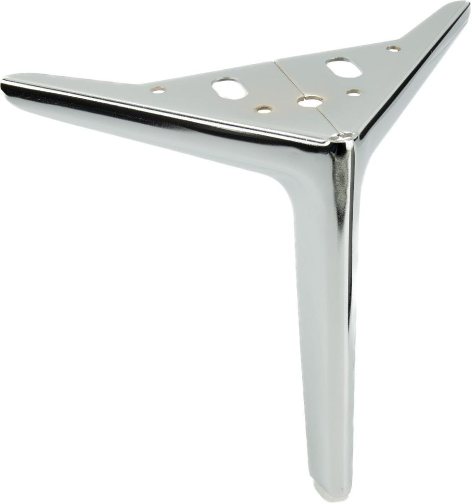 A single, shiny chrome furniture leg with a triangular top plate.