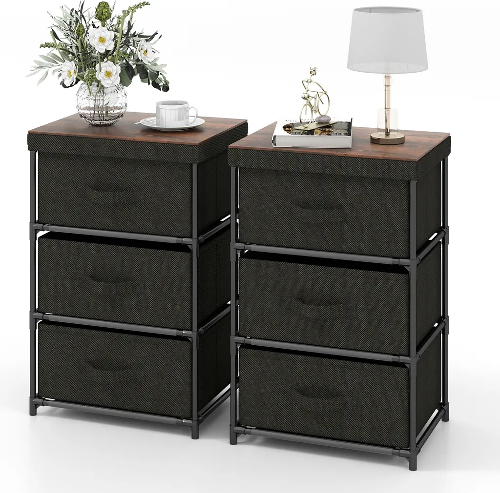 Table de Nuit en Tissu avec 3 Tiroirs Amovibles et Structure Métallique