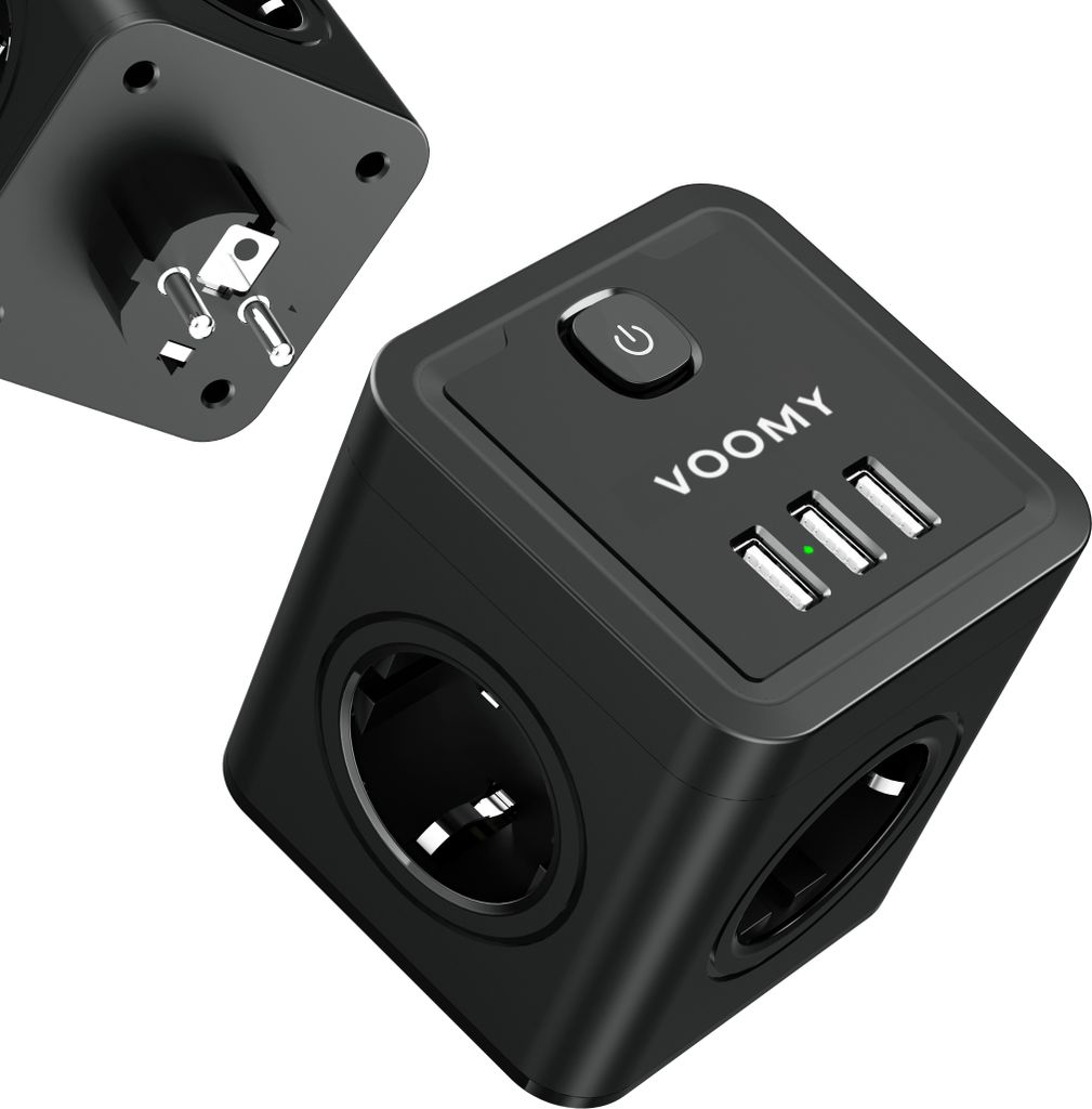 VOOMY 7-in-1 Mehrfachstecker – Steckdosenadapter 4-Fach mit 3 USB – Kompakt & 4000W – Schwarz