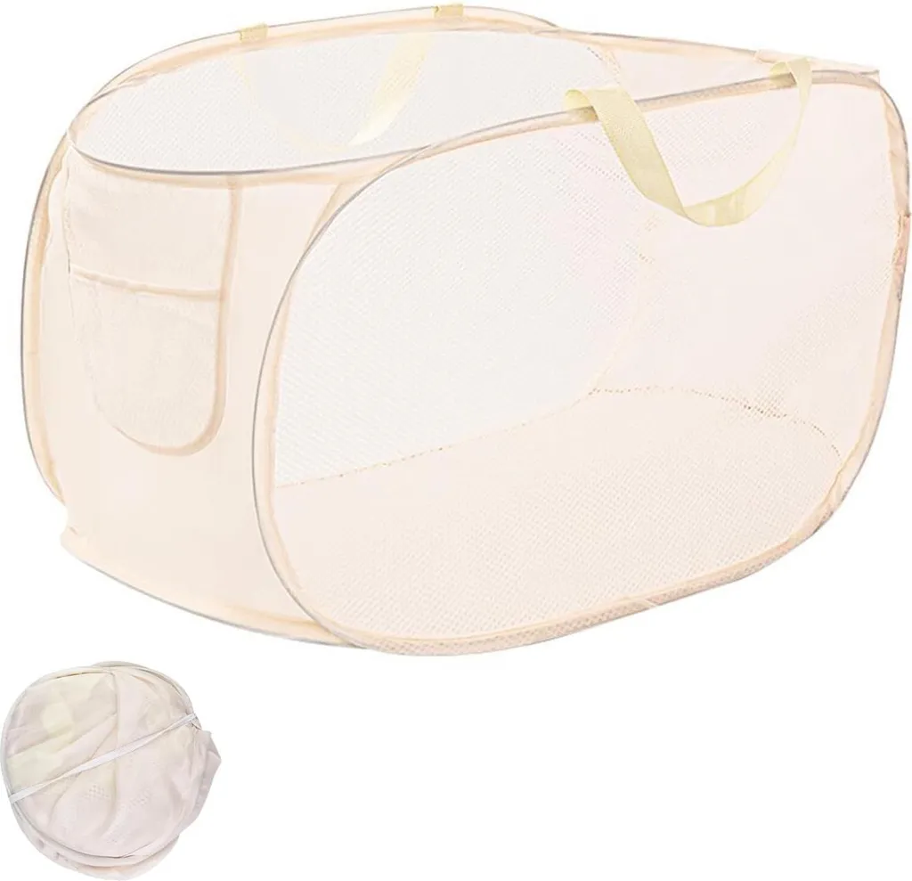 Corbeille à linge pliable en tissu beige pour organisation buanderie