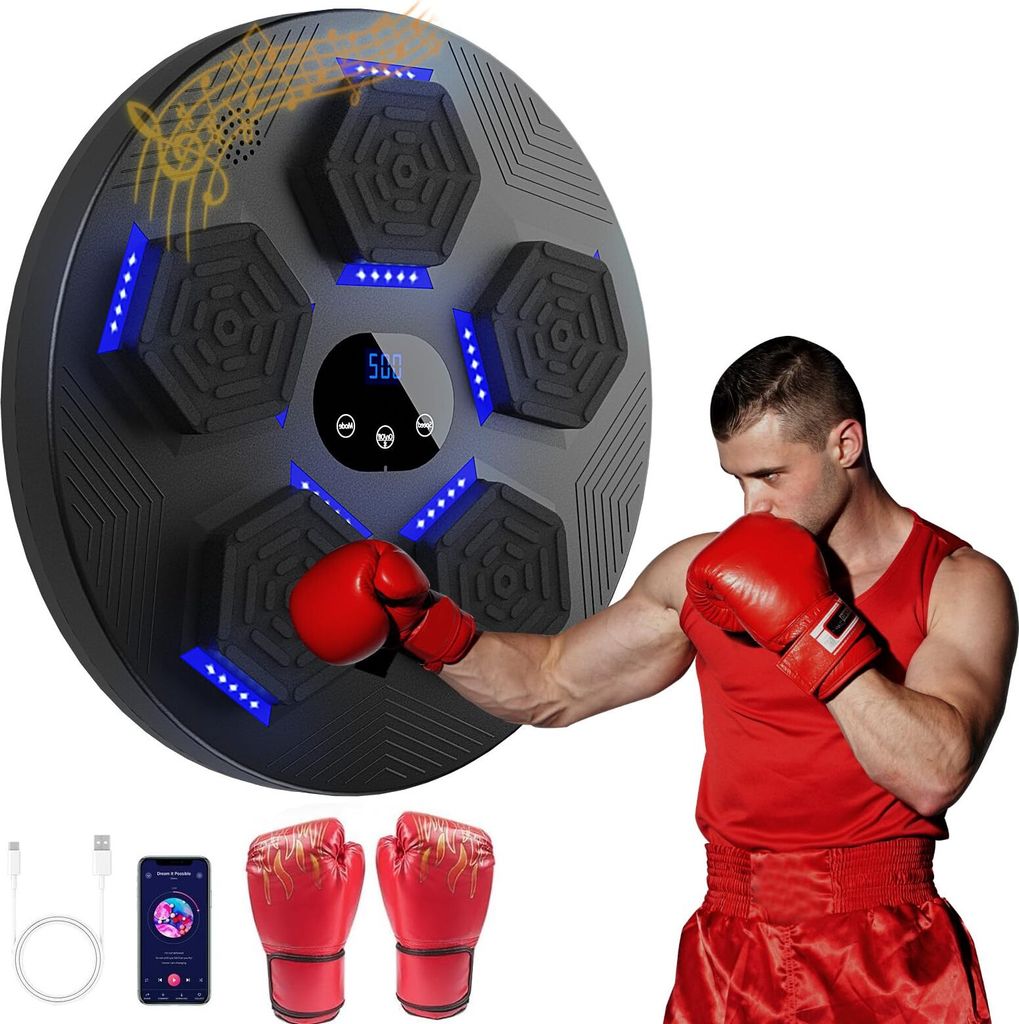Musik Boxen Maschine, Smart Bluetooth Boxen Maschine mit Boxhandschuhen für Home Workout Fitness, LED Electronic Wall Mounted Boxing Training Boxi...