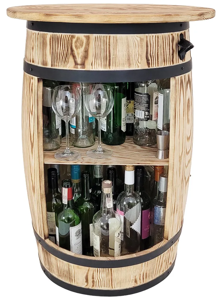 Meuble bar tonneau de salon en bois massif avec large plateau supérieur