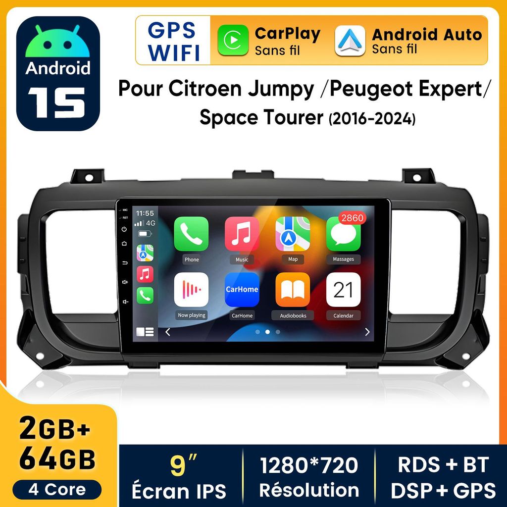 Autoradio 9 pouces CarPlay Android 15 pour Citroën Jumpy Image du produit 