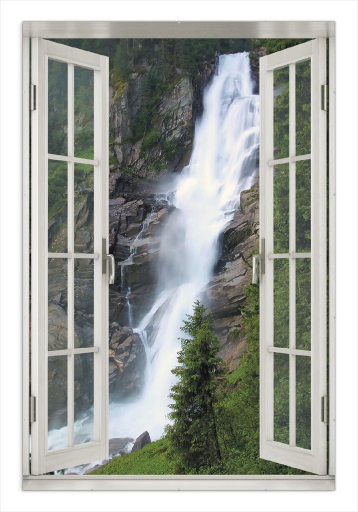 Wallario Wandbild mit Fenster-Illusion: Wasserfall, Größe: 61 x 91,5 cm, Poster mit rahmenlosen Bildhalter