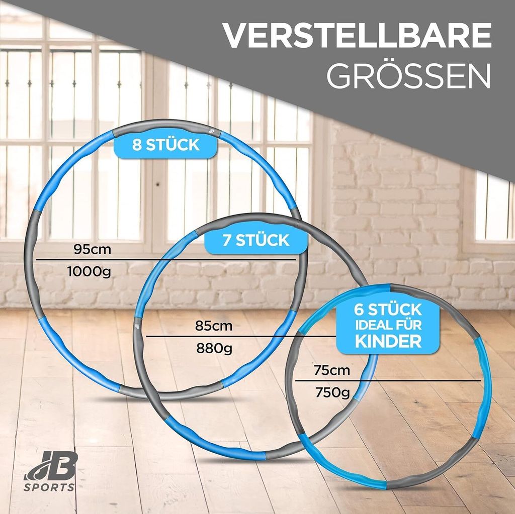 Hula Hoop Reifen Blau/Grau für Erwachsene & Kinder - Verstellbar in 8 Teilen für Massage & Gewichtsverlust - Fitnessreifen mit variablem Gewicht ...
