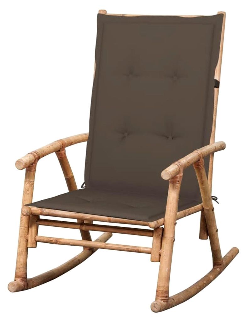 Schaukelstuhl aus Bambus mit Kissen, geeignet für den Außenbereich, Relaxsessel für Garten, Balkon und Terrasse, Taupe, 66 x 86 x 105 cm