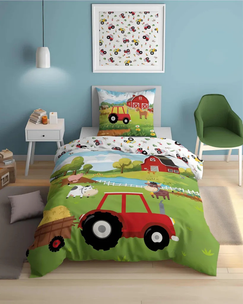 Happy Farm Pig - Lenzuolo con angoli per letto singolo, motivo: animali dei cartoni animati, set di biancheria da letto morbido e lussuoso, lenzuolo rustico con tasca elastica profonda, 2 pezzi per