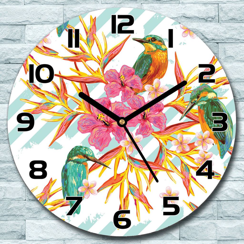 Wanduhr aus Glas Rund fi 30 Sommer Vögel blau Quarz Deko Wohnzimmer Büro