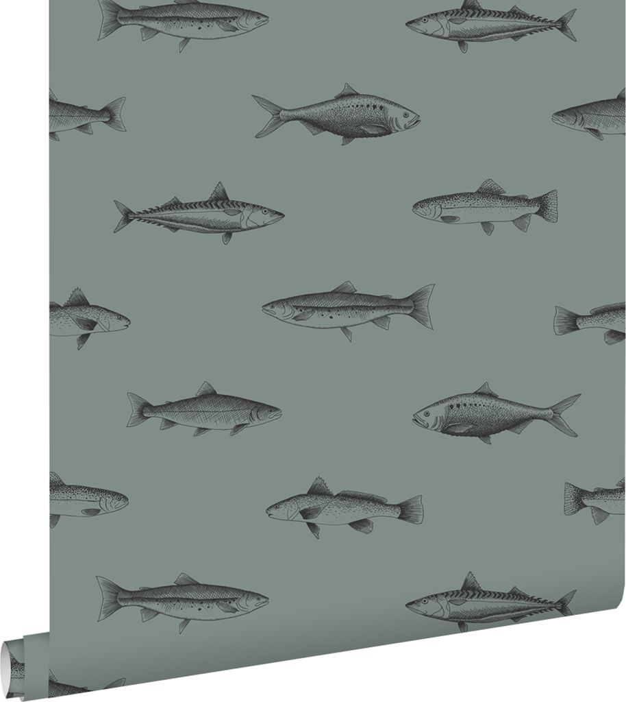 ESTAhome tapety peří kresba ryby šedé zelené a černé 53 cm Obrázek produktu 