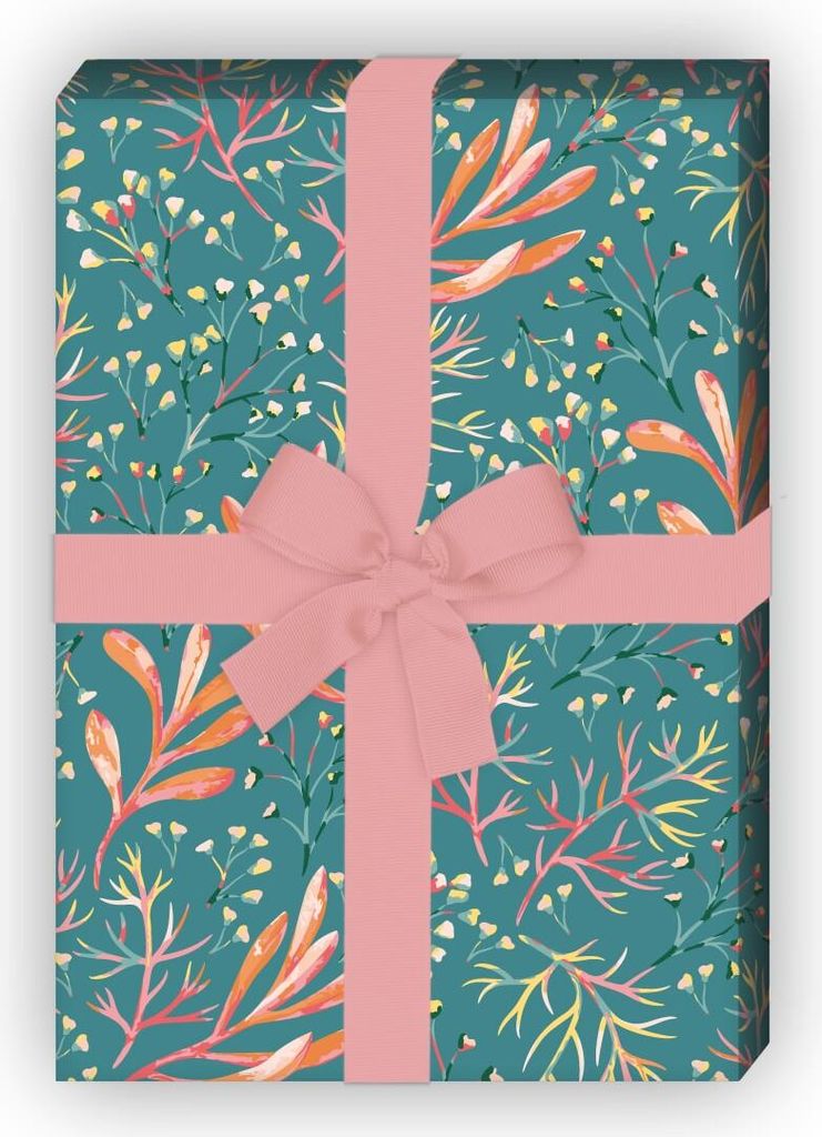 Tolles Geschenkpapier zum Einpacken mit Korallen Blumen, blau grün - G10235, 32 x 48cm