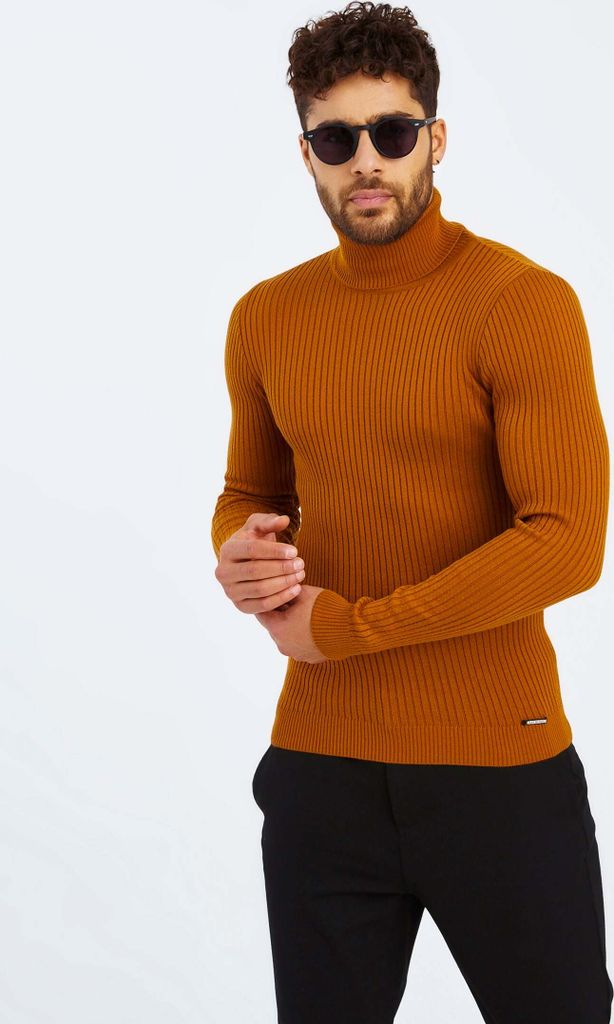 Leif Nelson Rollkragen Herren Strickpullover Feinstrick Rollkragen LN-1670, Rot Braun / S