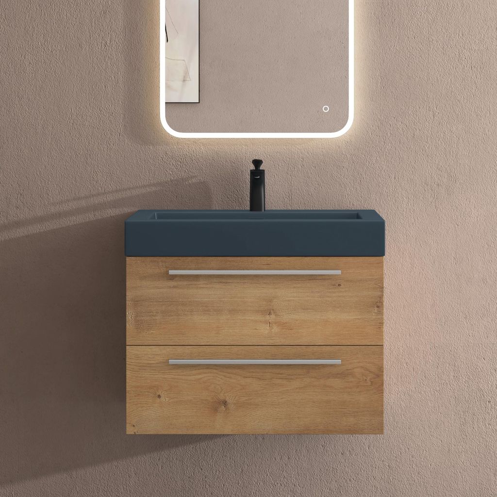 doporro Badmöbel-Set Waschbeckenunterschrank mit Soft-Close in Kerneiche 73x48x60cm Quadratto Waschplatz komplett Set inkl. Mineralguss-Waschbecke...