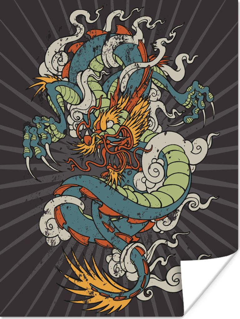 MuchoWow Poster Illustration eines Drachens auf dunklem Hintergrund 120x160 cm - Wandbilder