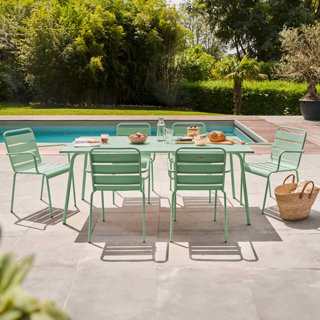 Gartentisch und 6 Stahlsessel Grün - Oviala Palavas