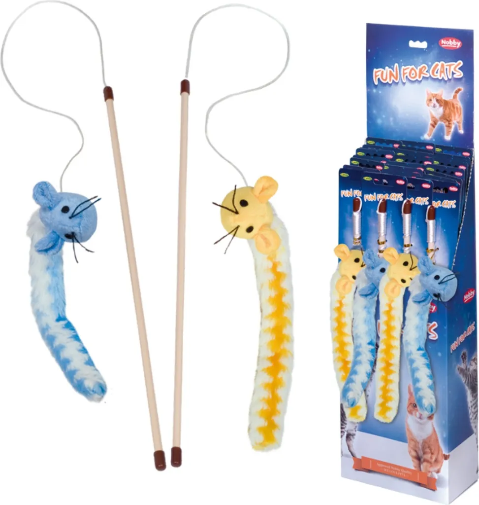Canna da pesca con topo di peluche con coda con erba gatta Display 14 pezzi, canna 45 cm, corda + giocattolo: 75 cm
