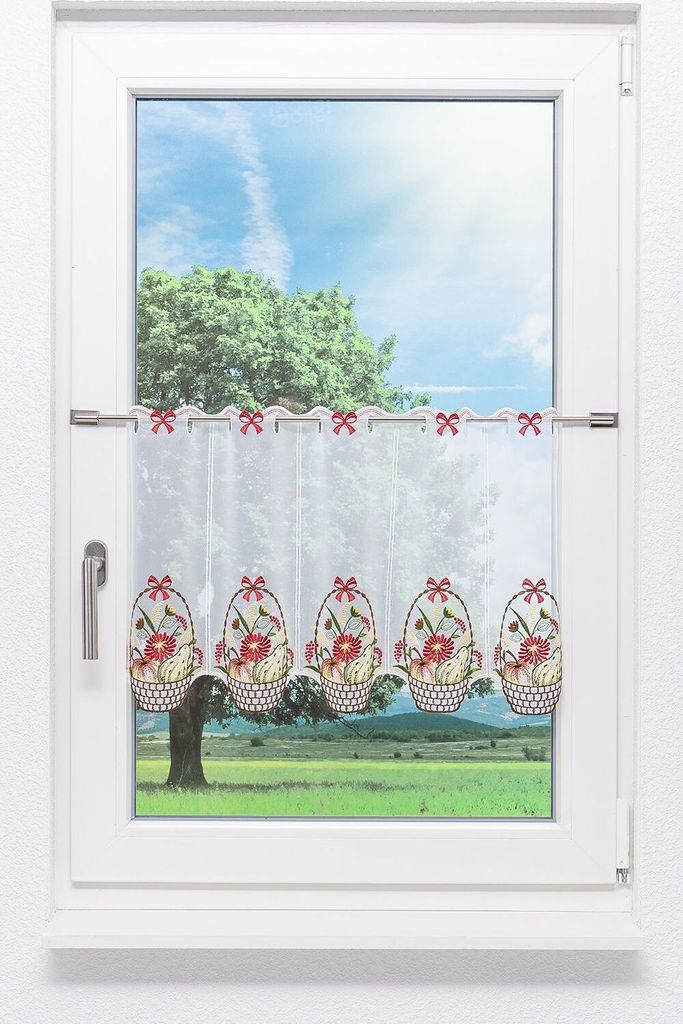 Scheibengardine Plauener Spitze - Körbchen (Bx H) 145.80cm * 40cm Rot/mehrfarbig