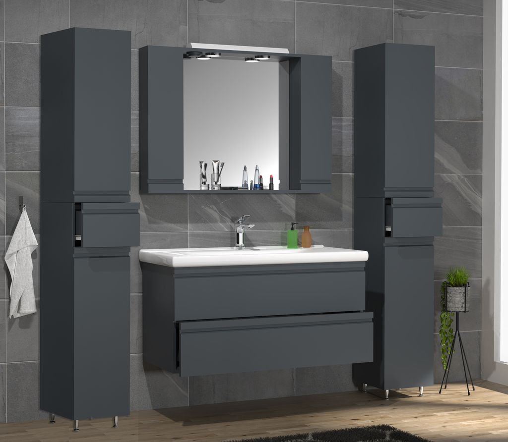 VCM 5-tlg. Waschplatz | Waschtisch Unterschrank 100 cm | Badmöbel Set mit Waschbecken Spiegelschrank Hochschrank | grifflose Schubladen | Komplett...