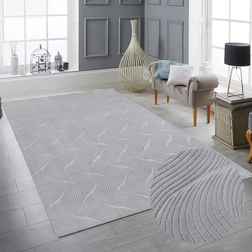 Tapis de salon gris 160 x 220 cm fin à motif vagues uni moderne Softly