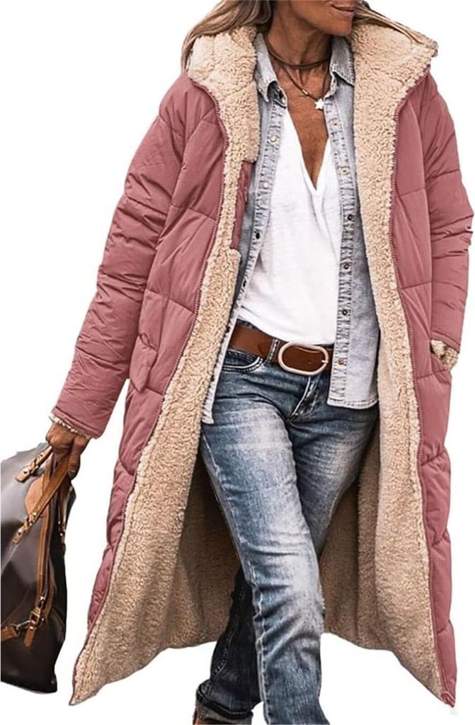 ASKSA Damen Lang Daunenmantel Warm Fleece Reversibel Winterjacke Kapuze Fleecejacke Daunenjacke Mantel, Rose, L