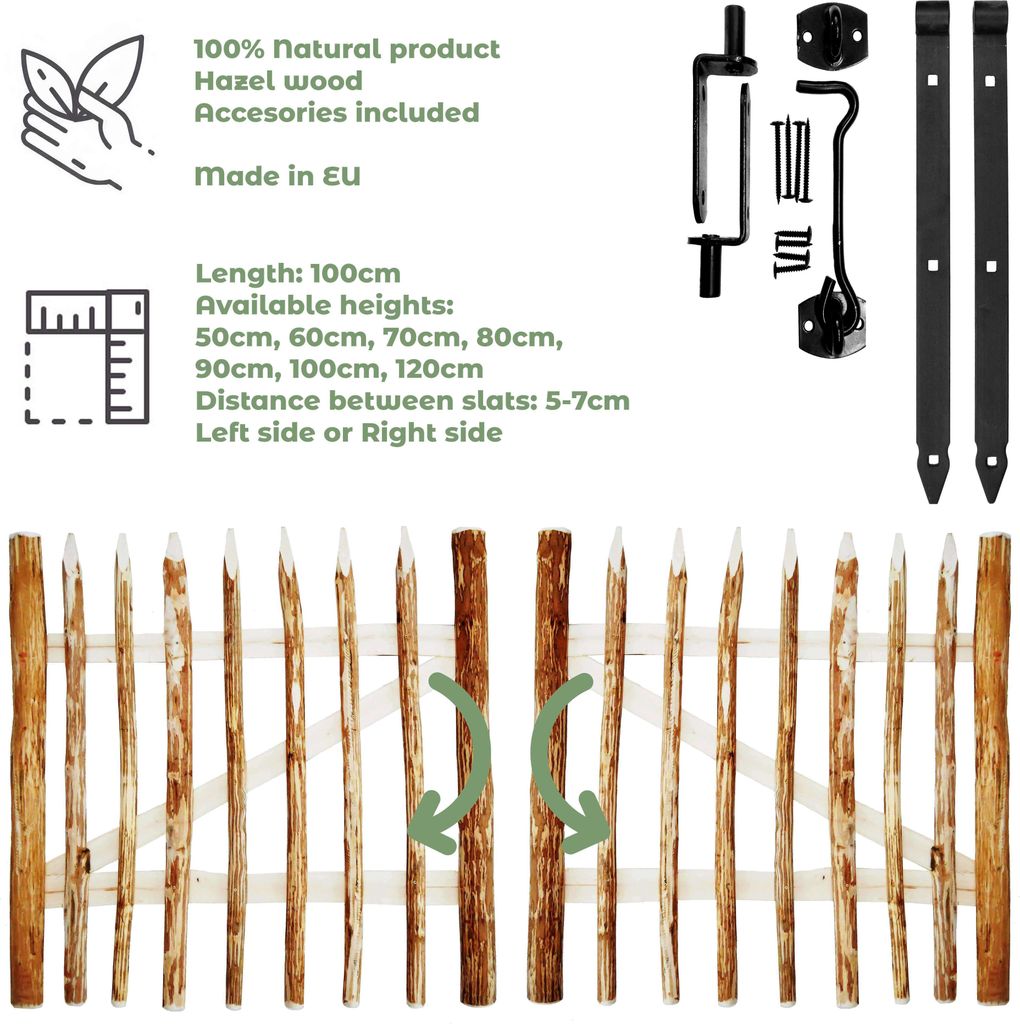 BOGATECO Zauntor Haselnuss Breite 100cm Hähe 120 cm | Gartentor | mit Scharniere inkl. Zubehär | T_räffnung nach links