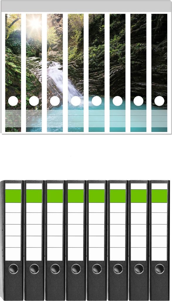 Wallario 8 Stück schmale Ordner inkl. Klebeetiketten mit Motive Wasserfall in einen verborgenen See - Set mit Rückenschildern / Ordnerrücken St...