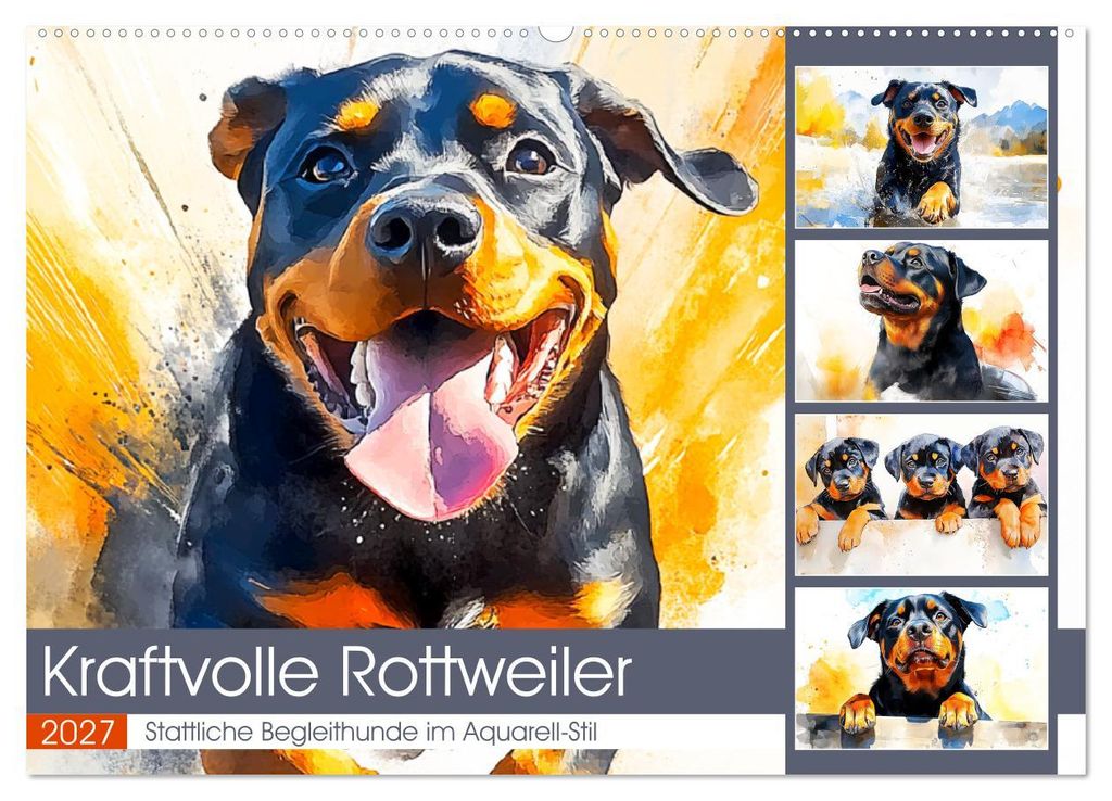 Kraftvolle Rottweiler. Stattliche Begleithunde im Aquarell-Stil (Wandkalender 2027 DIN A2 quer), CALVENDO Monatskalender