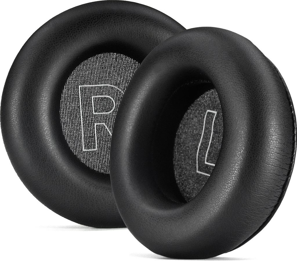 Two black headphone ear pads are shown on a white background.