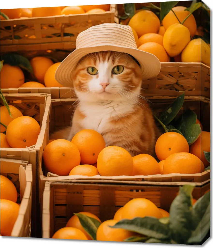 Toile Décorative 60x70 cm Chat et Oranges - Cadre Mural pour le Salon