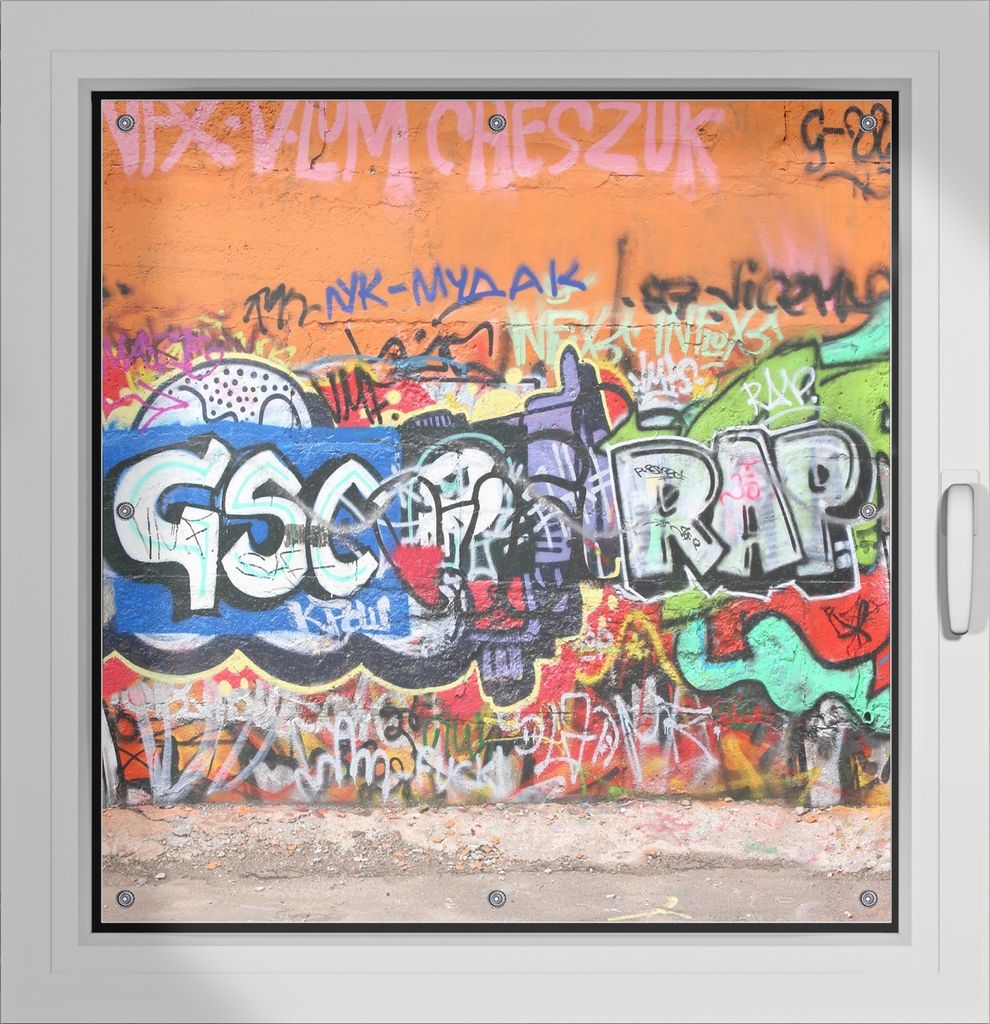 Wallario Lichtschutzbild, Dekorativer Sichtschutz Sonnenschutz 96 x 93 cm mit Motiv: RAP-Graffiti- Wand mit verschiedenen Tags - Verdunklung ohne B...