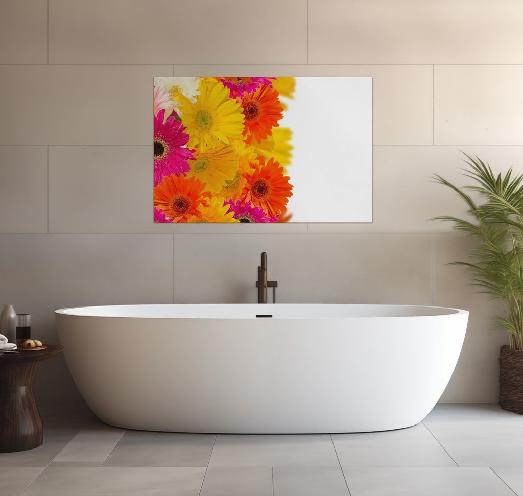 Wallario wasserfestes Poster selbstklebend 91,50 x 61 cm, Bunte Gerberas - pinke, gelbe, rote und weiße Blüten, Badezimmerposter Spritzschutz mit...