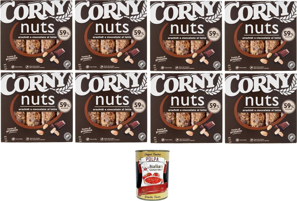 Corny Nuts Riegel mit Getreide, Erdnüssen und Milchschokolade, ohne Palmöl, Ballaststoffquelle 8x96gr + Italian Gourmet polpa 400g