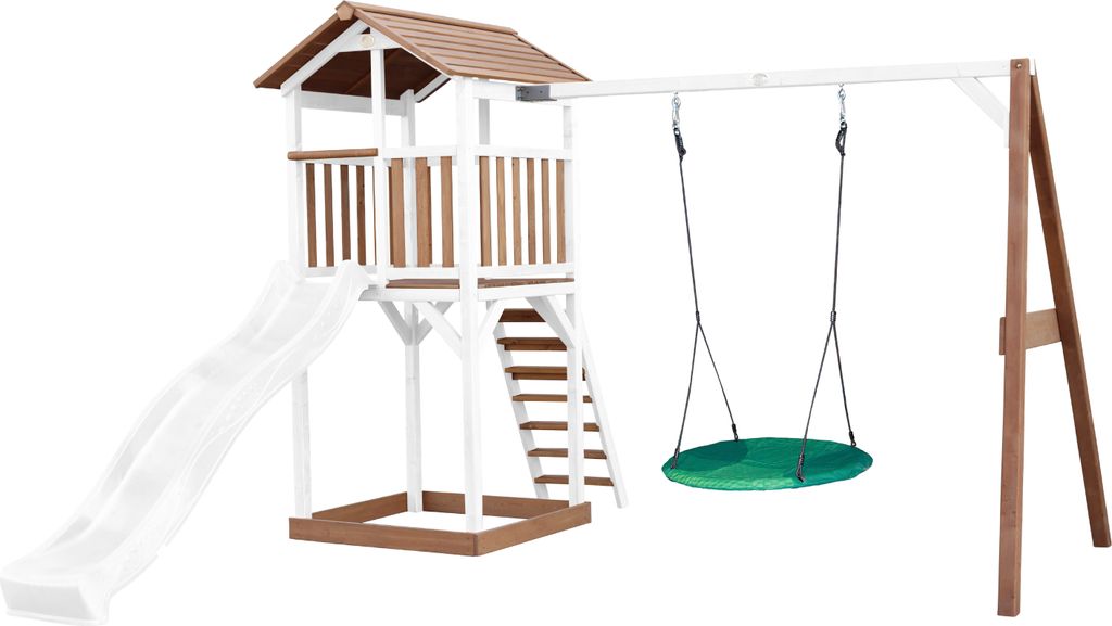 AXI Beach Tower Spielturm aus Holz in Braun & Weiß | Spielhaus für Kinder mit weißer Rutsche, Nestschaukel und Sandkasten | Stelzenhaus für den...