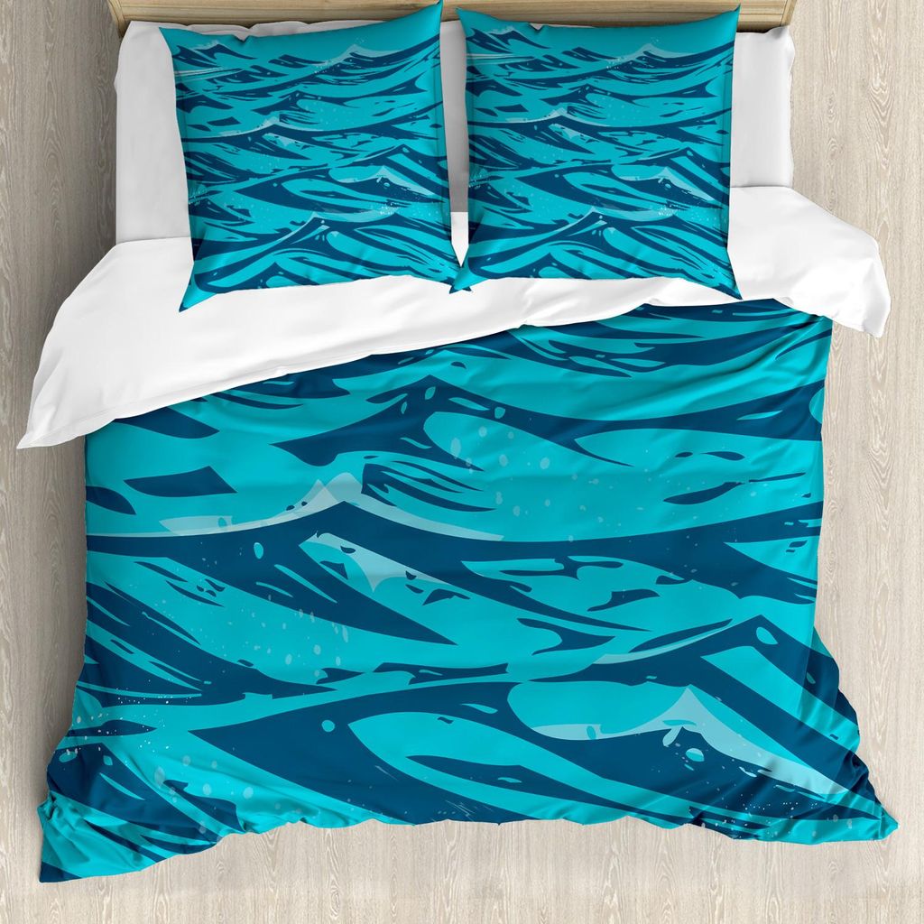 ABAKUHAUS Vintage Strand Bettbezug Set, Illustration der abstrakten Ozean-Wellen-Küste Blau Simplistic, 155 x 220 cm + 80 x 80 cm, Petrol Blau Dun...