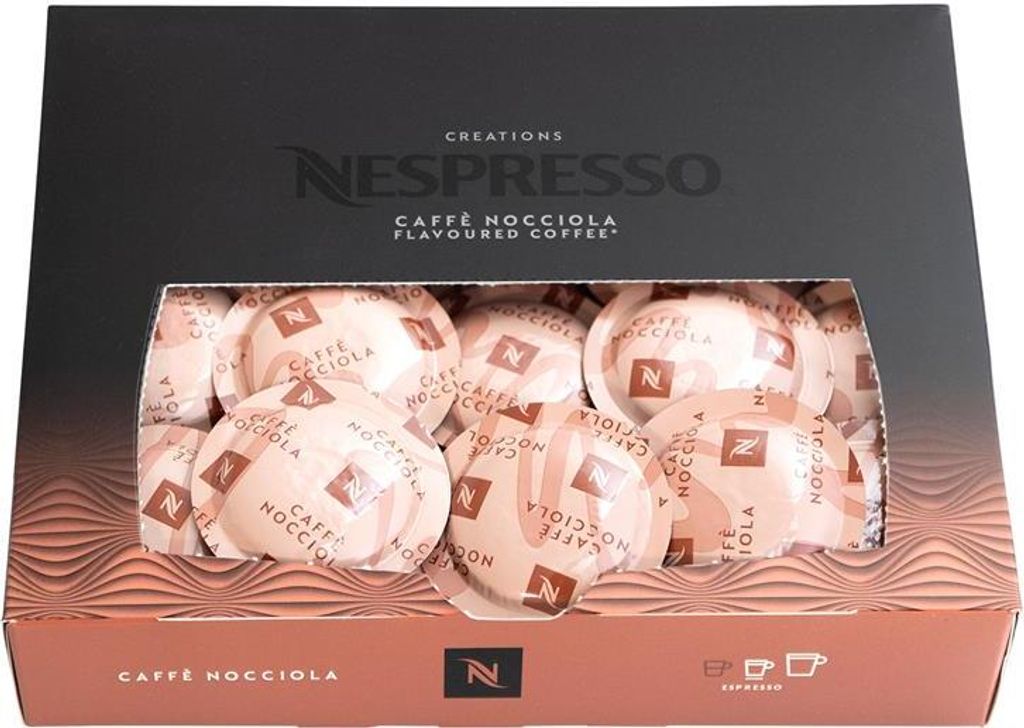 A box of Nespresso Caffè Nocciola flavored coffee capsules.