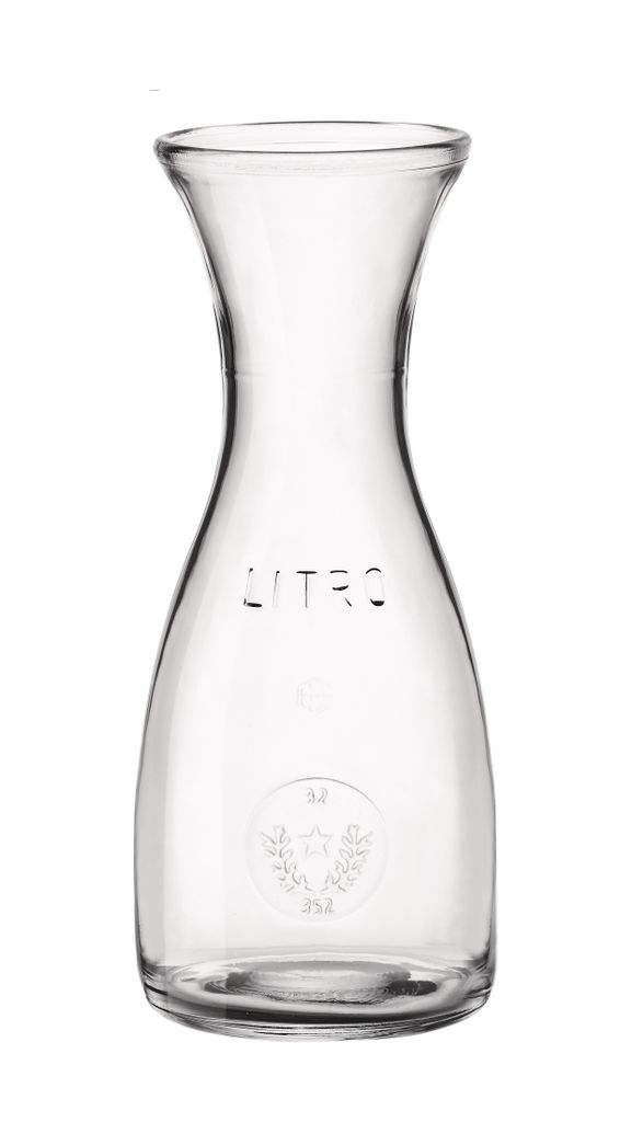 A clear studio shot of a glass carafe on a white background.