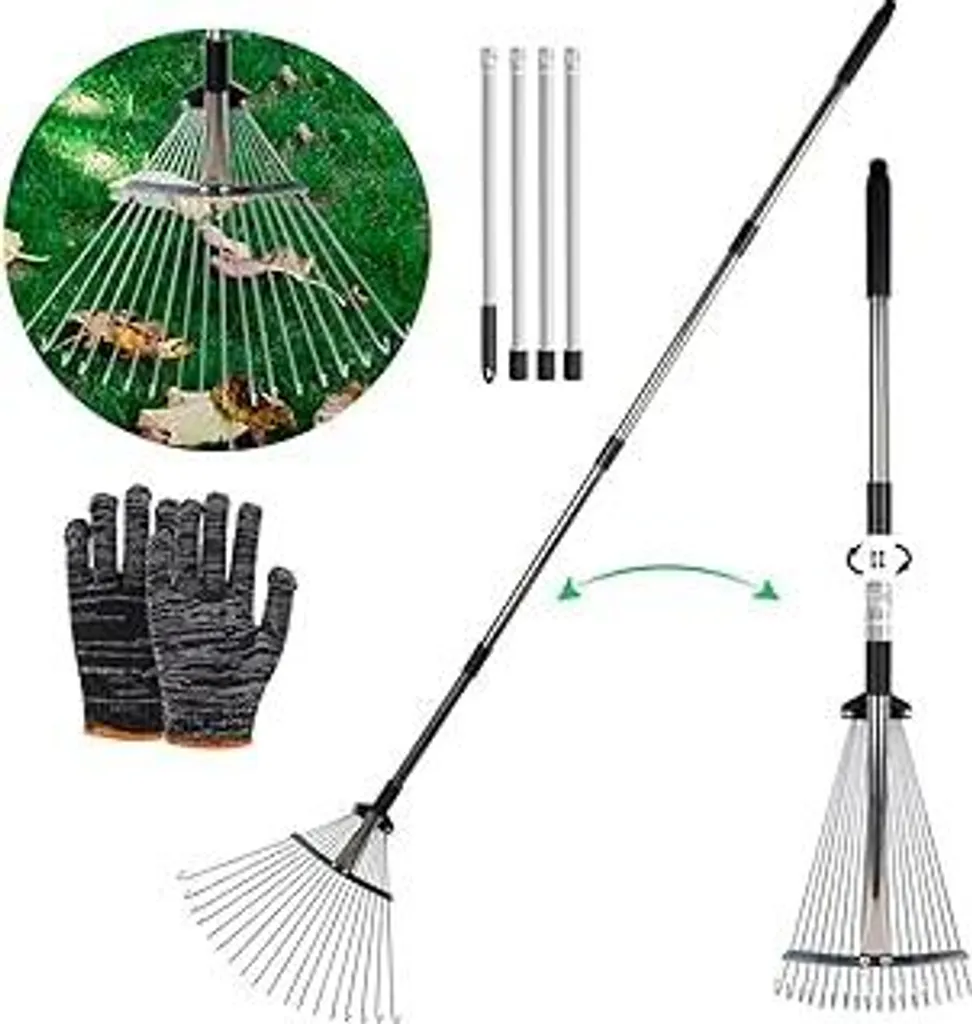 Scopa per Foglie Regolabile 215cm: Rastrello Metallo con Guanti