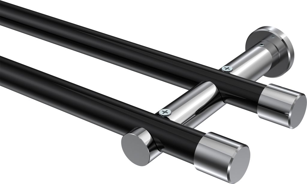 Interdeco Gardinenstange / Vorhangstange Schwarz / Chrom, Typ Platon Santo (Kappe) ohne Ringe, 20 mm Ø 2-läufig, 280 cm