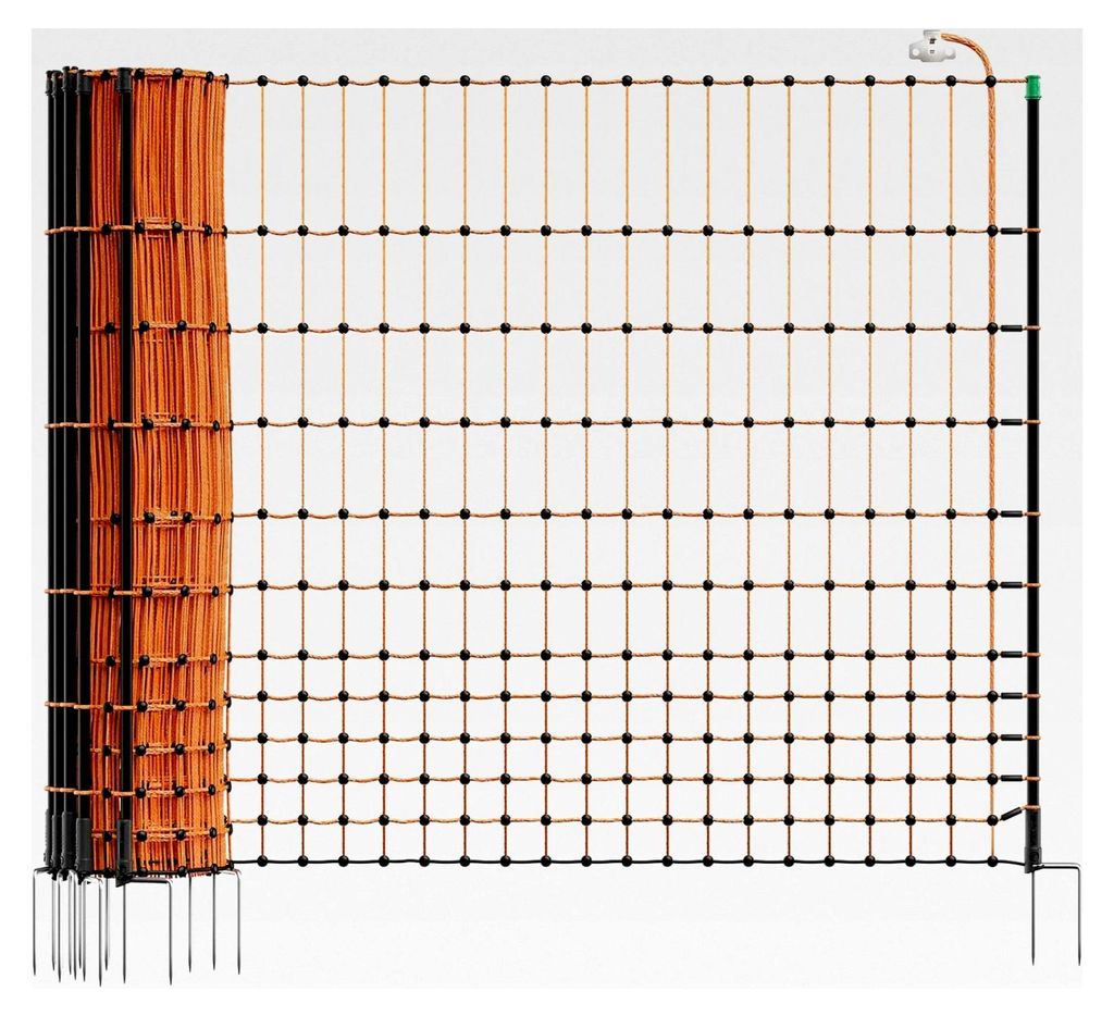 farmNET 50m Elektronetz 112cm Hühnernetz Geflügelnetz Hühnerzaun Geflügelzaun mit 16 Pfählen und 2 Spitzen in Orange