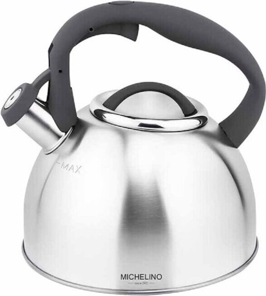 MICHELINO Wasserkessel Flötenkessel 2,5L Edelstahl für alle Herdarten geeignet Grau