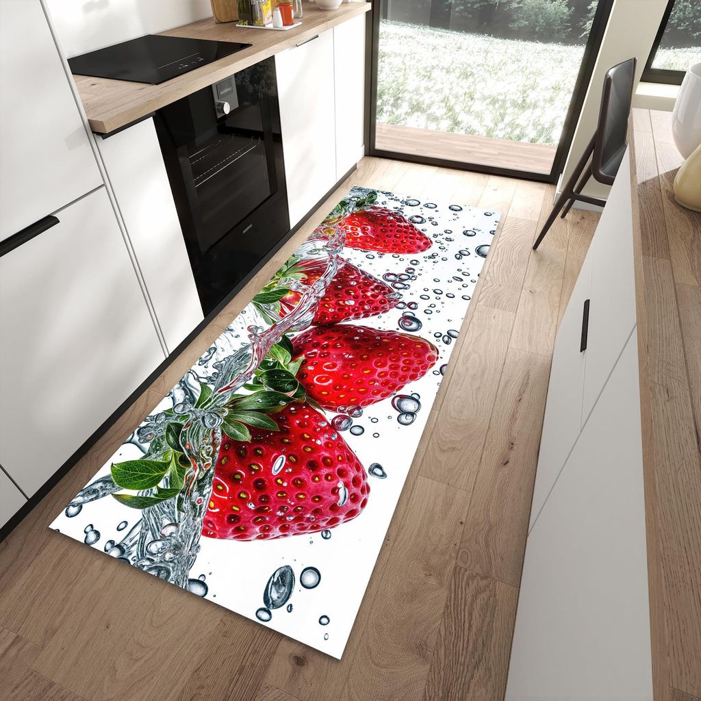 Küchenteppich 90x240cm rutschfest & abwischbar PVC Läufer - In Wasser Erdbeeren